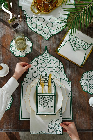 Ramadan Dome Green & Off White Embroidered Full Placemat Set, 26 Pieces for 6