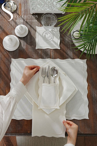 Leo Off White Embroidered Placemat Set, 24 Pieces for 6