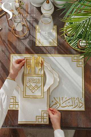 Dar El Salam Gold Embroidered Placemat Set, 24 Pieces for 6