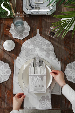 Ramadan Dome Silver Embroidered Placemat Set, 24 Pieces for 6