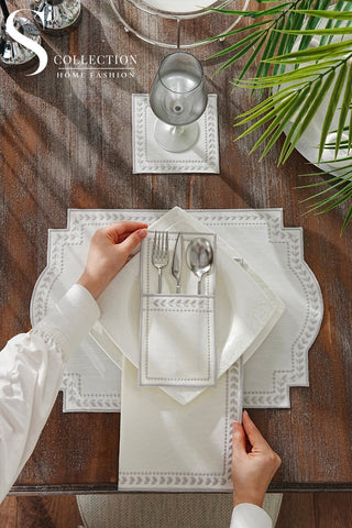 Donna Wreath Silver Embroidered Placemat Set, 24 Pieces for 6