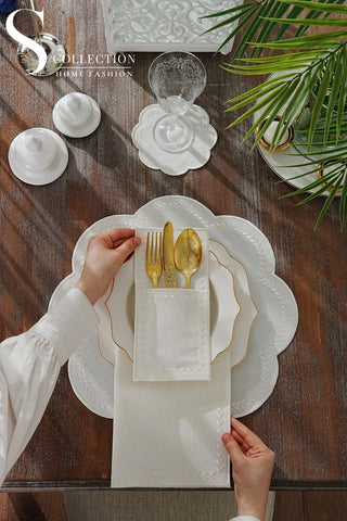 Leafy Allure Off White Embroidered Placemat Set, 24 Pieces for 6