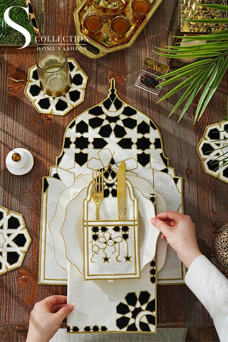 Ramadan Dome Black & Gold Embroidered Placemat Set, 24 Pieces for 6