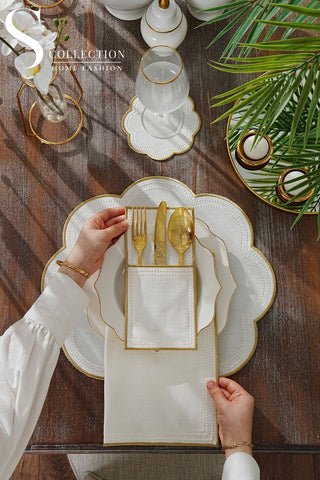 Floria Gold Embroidered Placemat Set, 24 Pieces for 6
