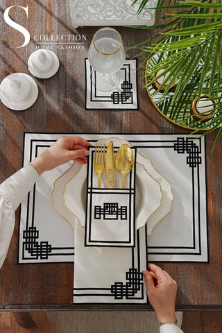 Pyramid Black Embroidered Placemat Set, 24 Pieces for 6
