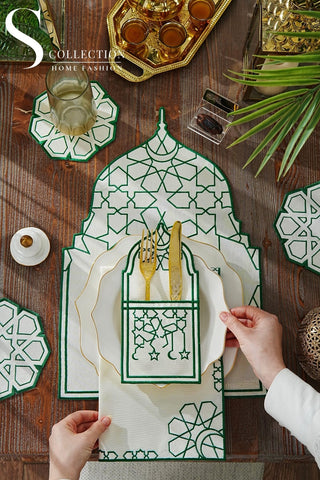 Ramadan Dome Green & Off White Embroidered Placemat Set, 24 Pieces for 6