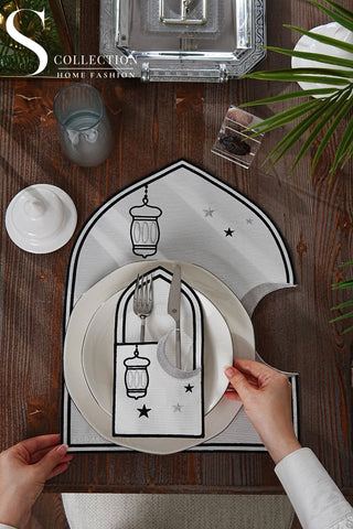 Ramadan Qamar Black & Silver Embroidered Placemat Set, 12 Pieces for 6