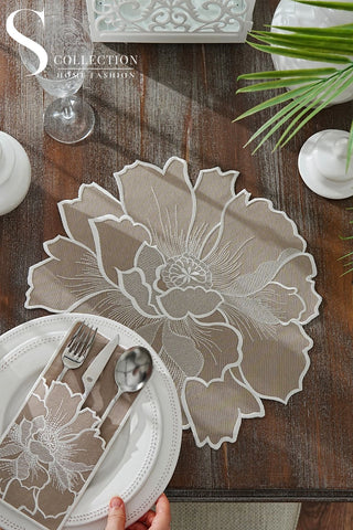 Eloise Cappuccino Embroidered Placemat Set, 12 Pieces for 6