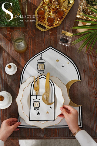 Ramadan Qamar Black & Gold Embroidered Placemat Set, 12 Pieces for 6