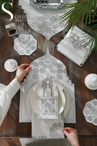 Ramadan Dome Silver Embroidered Full Placemat Set, 26 Pieces for 6