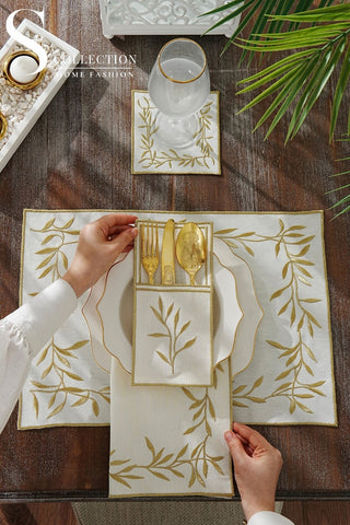 Flower Gold Embroidered Placemat Set, 24 Pieces for 6