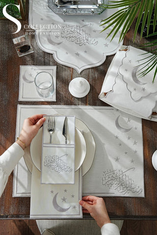 Ramadan Stellar Serenity Silver Embroidered Full Placemat Set, 26 Pieces for 6