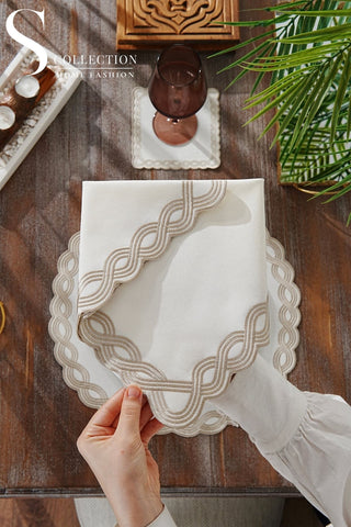 Ocean Braid Cappuccino Embroidered Placemat Set, 24 Pieces for 6