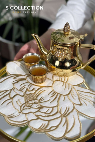 Charlotte Design Tray Cover - %100 Linen Fabric - Gold Embroidered