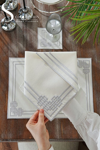 Pyramid Silver Embroidered Placemat Set, 24 Pieces for 6