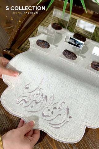 Al-Barakah Design Tray Cover - %100 Linen Fabric - Silver Embroidered