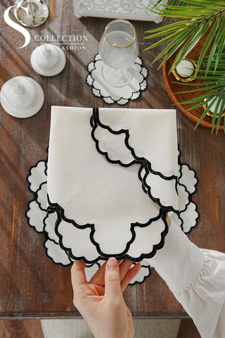 Olivia Black Embroidered Placemat Set, 24 Pieces for 6
