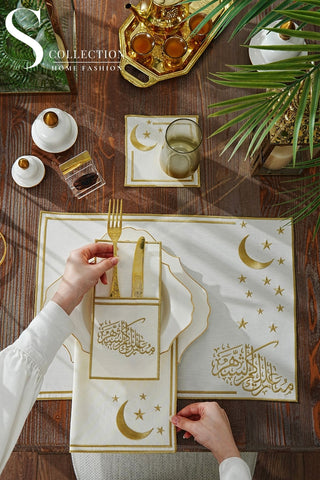 Ramadan Stellar Serenity Gold Embroidered Placemat Set, 24 Pieces for 6