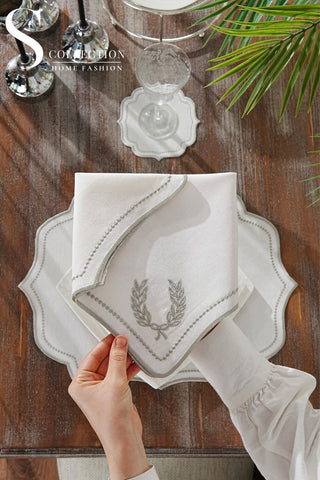 Laurel Wreath Silver Embroidered Placemat Set, 24 Pieces for 6