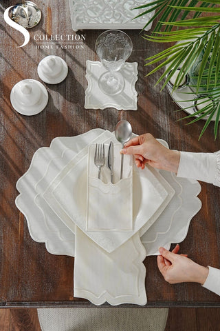 Desert Bloom Off White Embroidered Placemat Set, 24 Pieces for 6