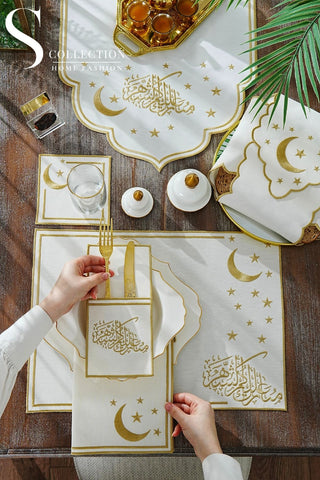Ramadan Stellar Serenity Gold Embroidered Full Placemat Set, 26 Pieces for 6