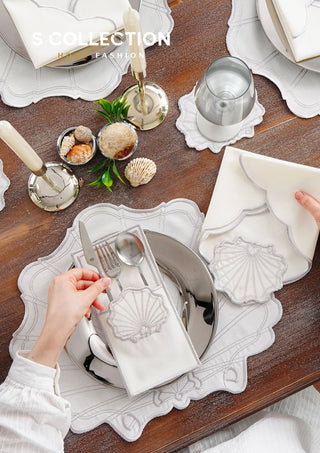 Marine Silver Embroidered Placemat Set, 24 Pieces for 6