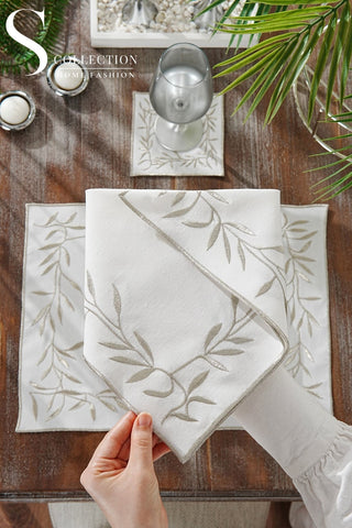 Flower Silver Embroidered Placemat Set, 24 Pieces for 6