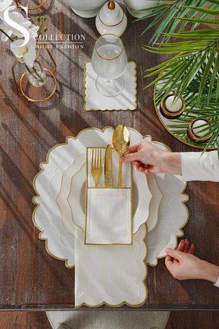 Tansy Gold & Off White Embroidered Placemat Set, 24 Pieces for 6