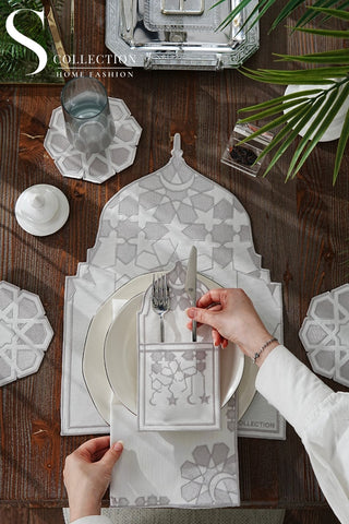 Ramadan Dome Silver Embroidered Placemat Set, 24 Pieces for 6
