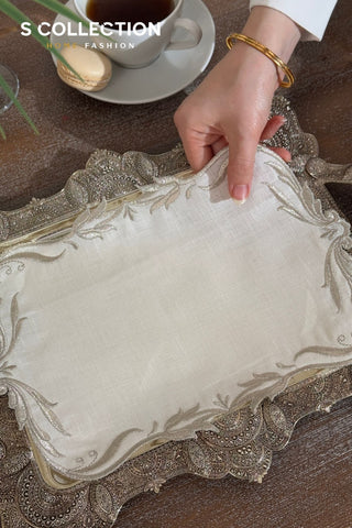 Tulip Design Tray Cover - %100 Linen Fabric - Shine Silver Embroidered