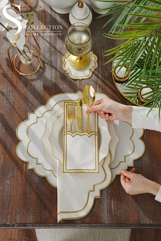 Clara Gold Embroidered Placemat Set, 24 Pieces for 6