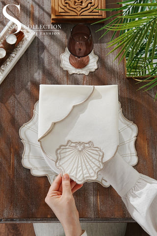 Marine Cappuccino Embroidered Placemat Set, 24 Pieces for 6