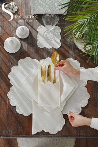 Cloud Off White Embroidered Placemat Set, 24 Pieces for 6