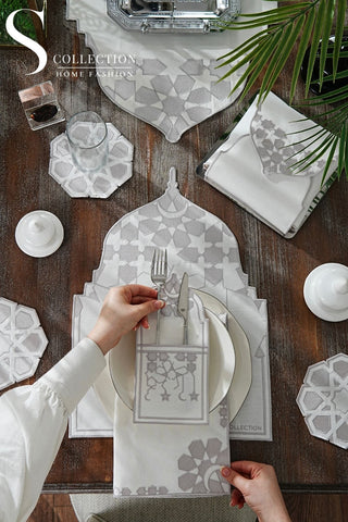 Ramadan Dome Silver Embroidered Full Placemat Set, 26 Pieces for 6