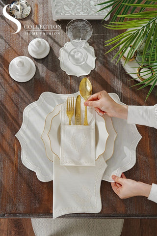 Laurel Wreath Off White Embroidered Placemat Set, 24 Pieces for 6