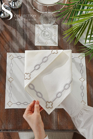 Cadena Silver & Cappuccino Embroidered Placemat Set, 24 Pieces for 6
