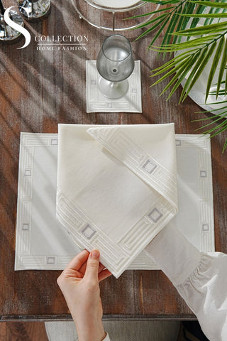 Tuscan Off White & Silver Embroidered Placemat Set, 24 Pieces for 6