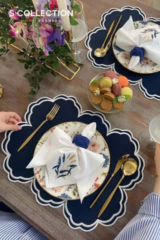 Cloudy Navy Blue Embroidered Placemat Set, 18 Pieces for 6