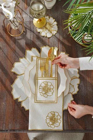 Eloise Gold Embroidered Placemat Set, 24 Pieces for 6