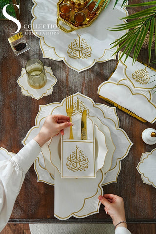 Ramadan Najma Gold Embroidered Full Placemat Set, 26 Pieces for 6