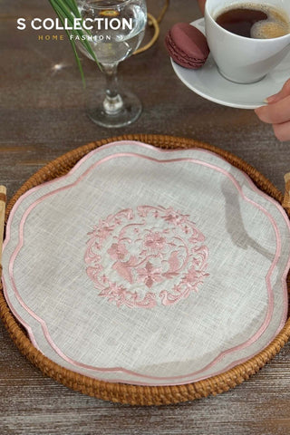 Bouquet Design Tray Cover - %100 Linen Fabric - Pink Embroidered