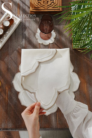 Valeria Off White & Cappuccino Embroidered Placemat Set, 24 Pieces for 6