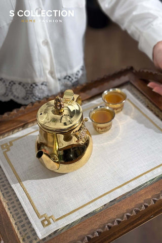 Classy Design Tray Cover - %100 Linen Fabric - Gold Embroidered