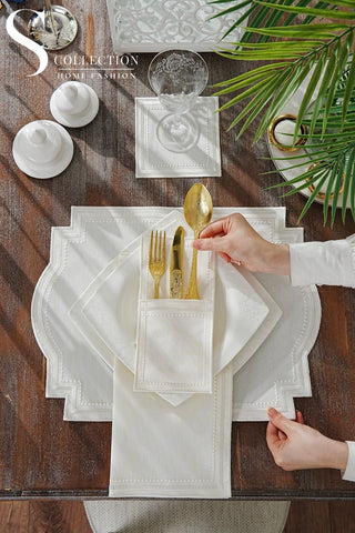 Graceful Off White Embroidered Placemat Set, 24 Pieces for 6