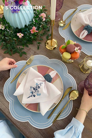 Floria Light Blue Embroidered Placemat Set, 18 Pieces for 6