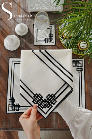 Pyramid Black Embroidered Placemat Set, 24 Pieces for 6