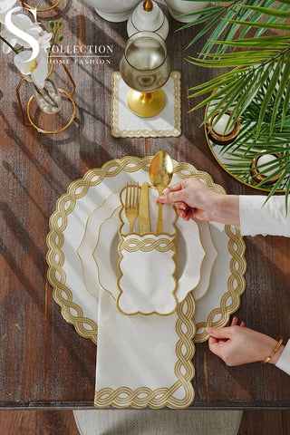 Ocean Braid Gold Embroidered Placemat Set, 24 Pieces for 6