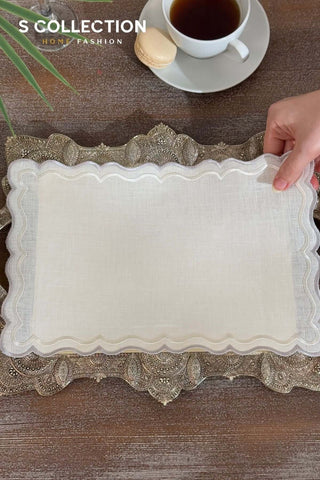 Vera Design Tray Cover - %100 Linen Fabric - Silver - Off White Embroidered