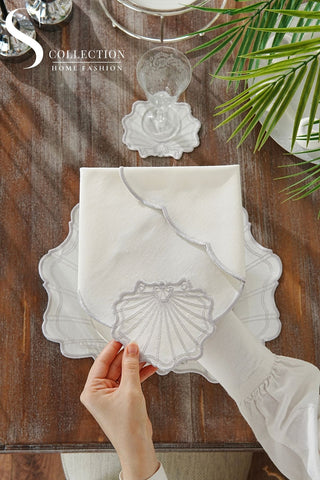 Marine Silver Embroidered Placemat Set, 24 Pieces for 6