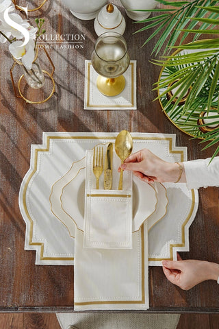 Graceful Gold Embroidered Placemat Set, 24 Pieces for 6